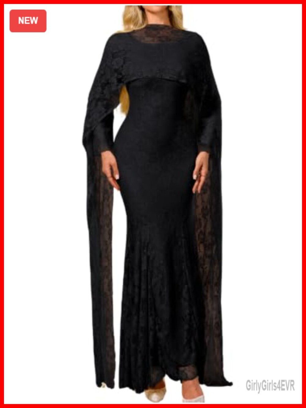 Lace Formal Maxi Dress with Detachable Cape Long Sleeve Mermaid